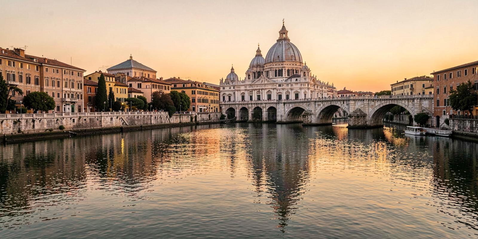 The Tiber river in Rome at dusk, looking towards St Peter's Basilica